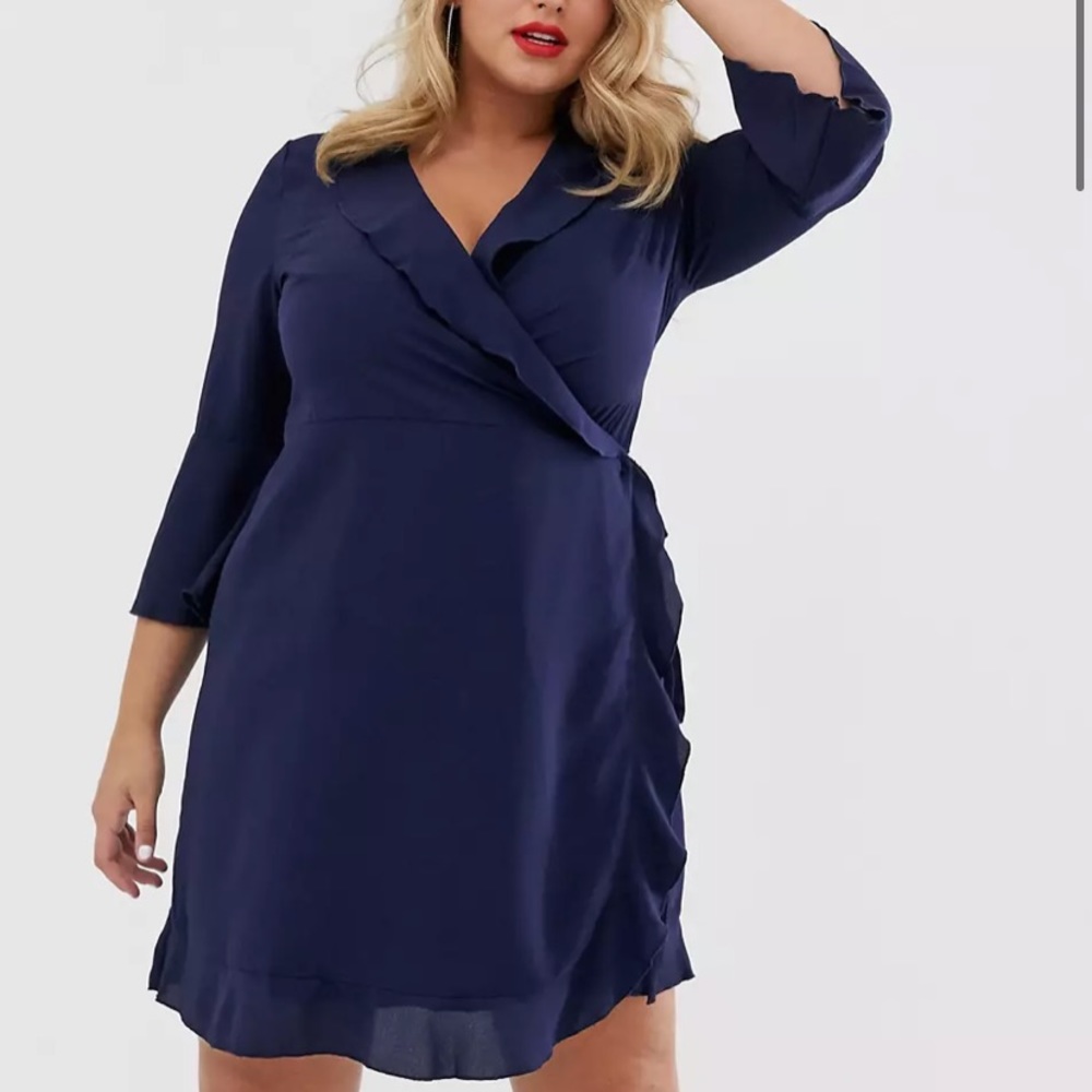 ASOS Outrageous Fortune Plus ruffle wrap dress with fluted sleeves in navy